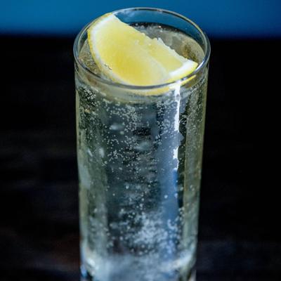 Clear cocktail with a lemon wedge.