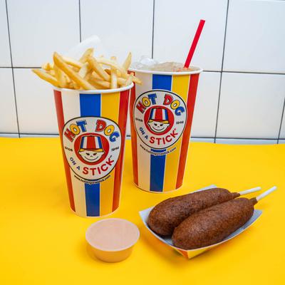 Corndogs, fries, and a drink.