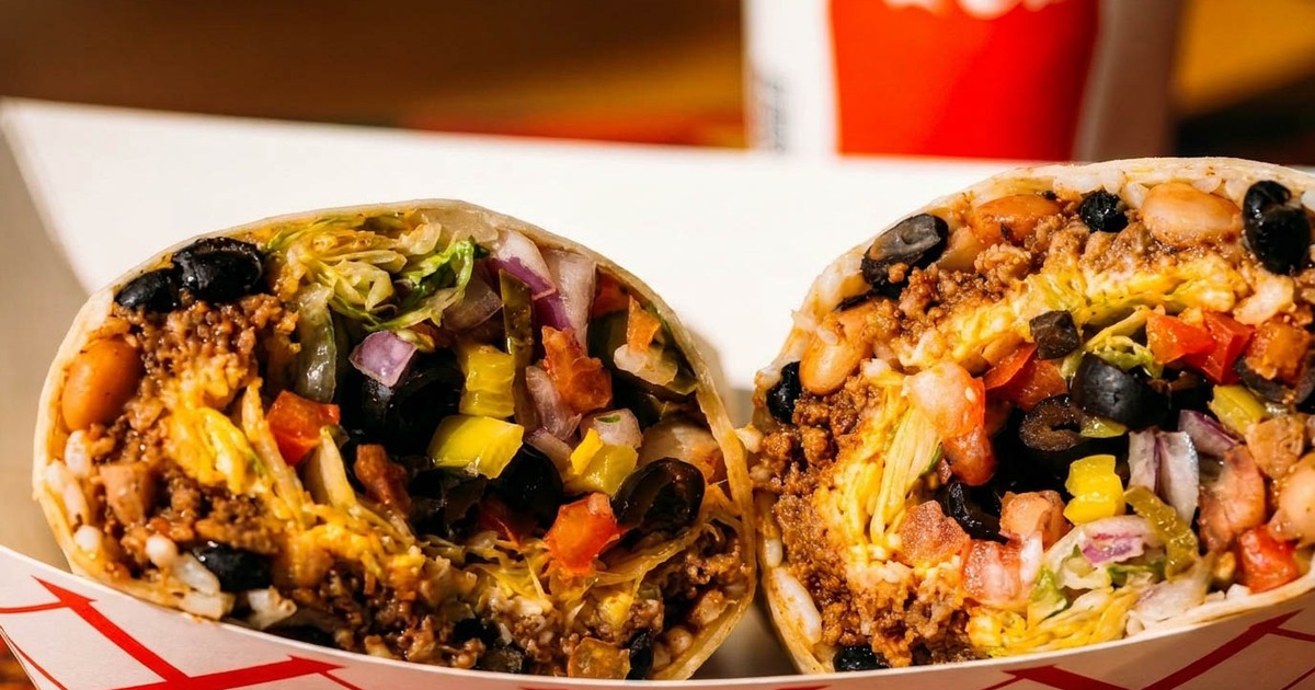 A burrito cut in half reveals meat, rice, and vegetables