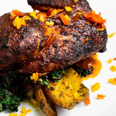 Half roasted Achiote chicken, closeup