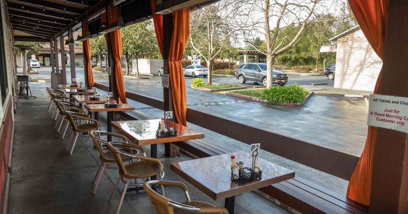 Exterior, tables and chairs ready for guests