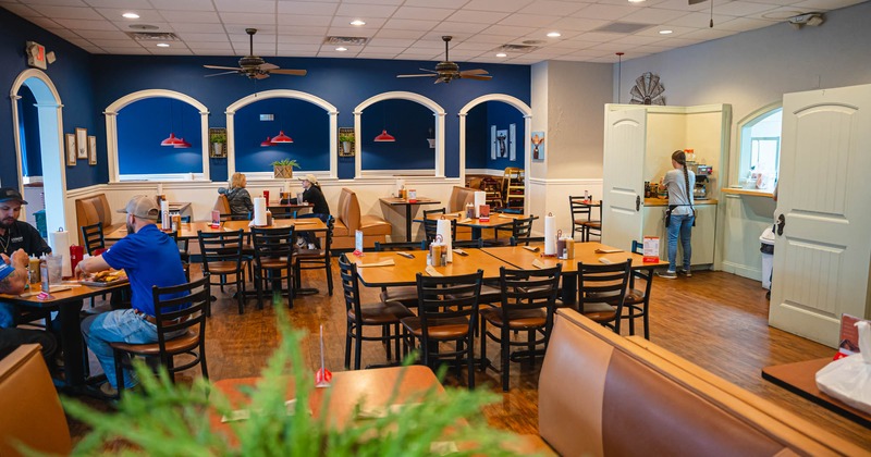 Interior, dining area, tables and booths