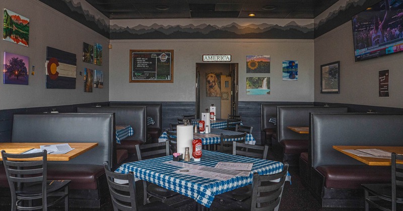 Interior, lined up tables and chairs