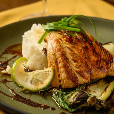 Grilled Miso Black Cod with rice, sauteed bok choy, and miso lime glaze.