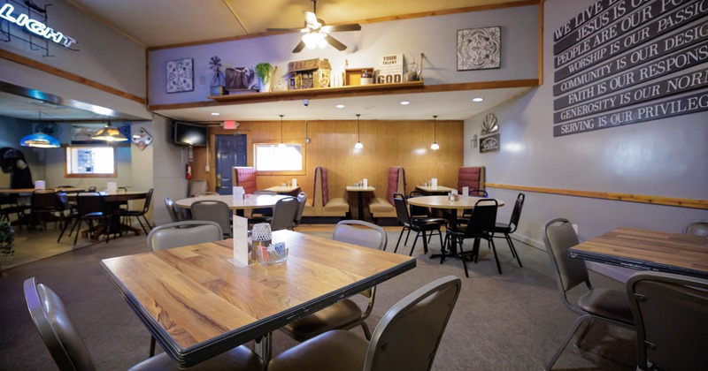 Interior, tables ready for guests