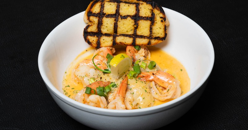 BBQ Shrimp, with butter, mashed potatoes, and toast