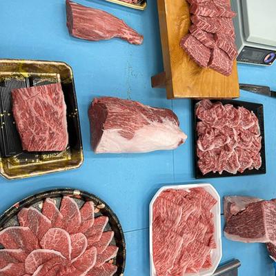 A selection of raw beef cuts arranged neatly on a blue 'table.