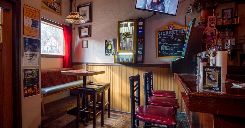 Bar area, stools, tables