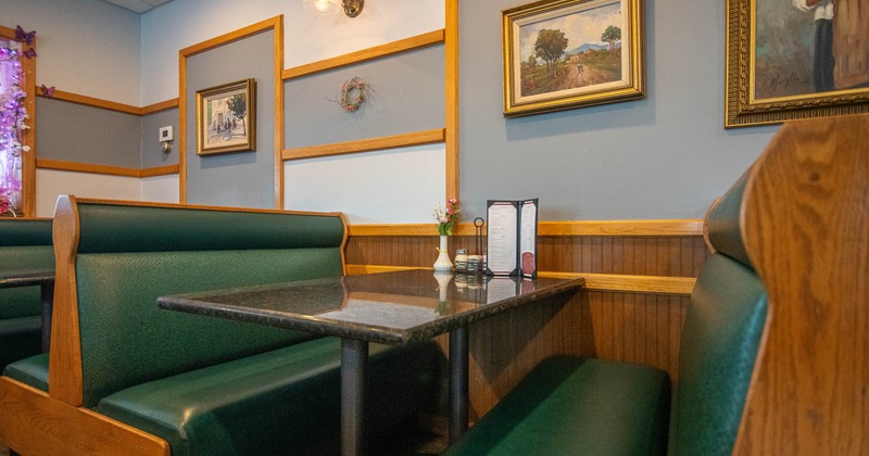 Interior, dining booth near wall