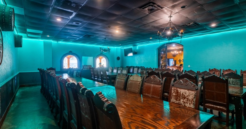 Interior, long tables and chairs