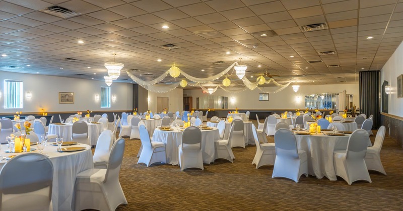 Interior, a wedding hall with tables and chairs
