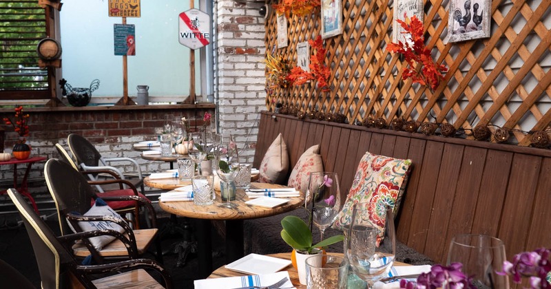 Set tables and seating, decorations on walls