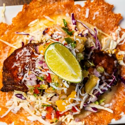 Pina Colada Tilapia Taco, top view close up.