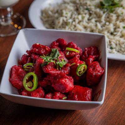 Chicken 65, with jalapenos, and rice.