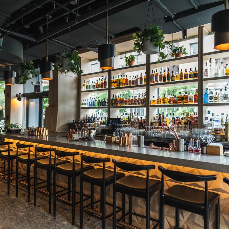Interior, bar area, bar and bar stools