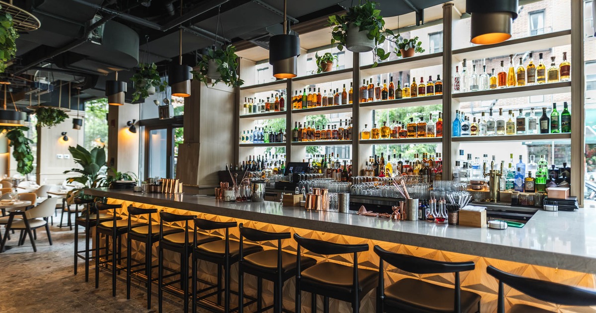 Interior, bar area, bar and bar stools