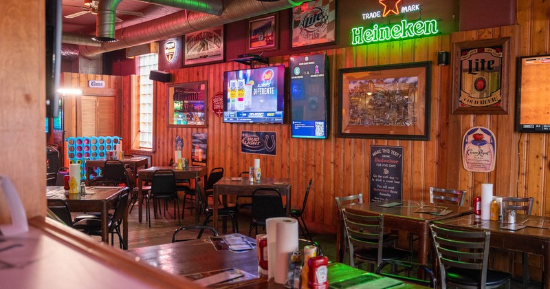 Interior, cozy seating place with tables and chairs