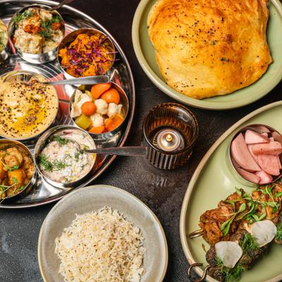 Assorted mezze, top view.