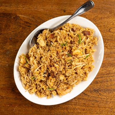 Fried rice, with chicken, shrimp, BBQ pork, bean sprouts, and shallots.