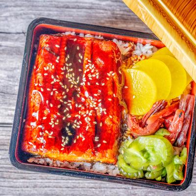 Unagi in teriyaki sauce, with shrimp, rice, and veggies.