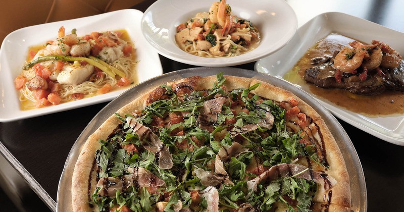 Prosciutto pizza, Cod Josephine dish, Chicken shrimp scampi, and NY strip with shrimp