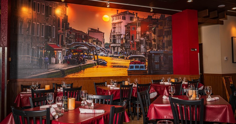 Interior, tables and chairs in dining area