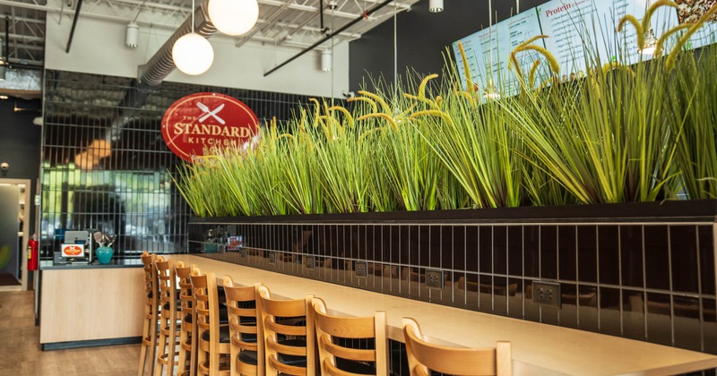 Interior with a long table, chairs, a planter with grasses