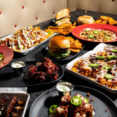 Assortment of dishes spread on a table.