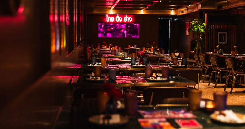 Interior seating area, neon lighting