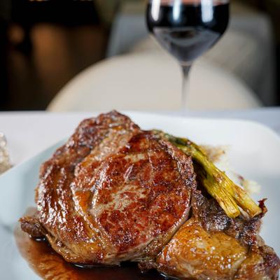 Iron Seared Ribeye, with grilled asparagus and mashed potatoes