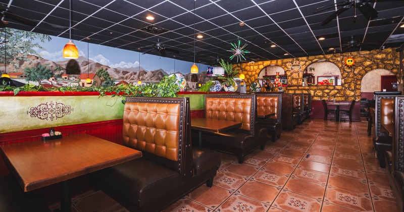 Interior, seating booths lined up