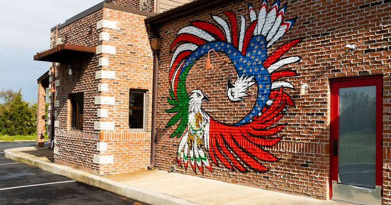 Exterior, a large mural on the building wall