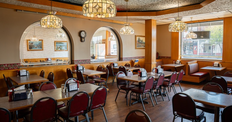 Interior, diner area, tables, chairs