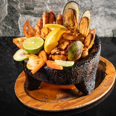 Molcajete with mixed seafood.
