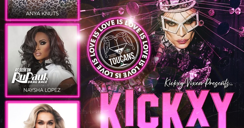 Outdoor bar area with stools and a leaf-painted wall