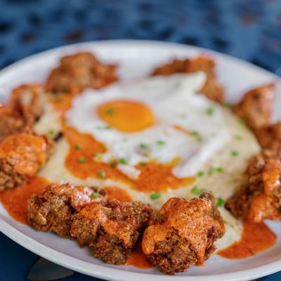 Cajun fried chicken livers, served, front view