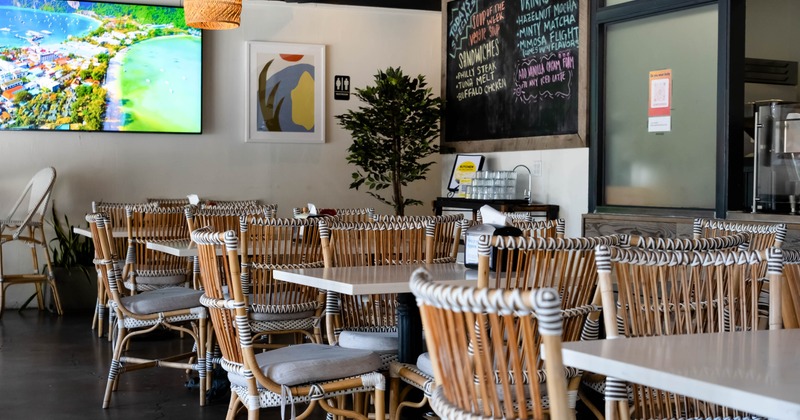 Interior, seating area with tables and chairs