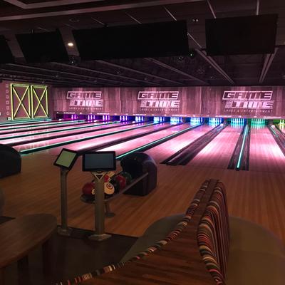 Multiple alleys at the bowling area.