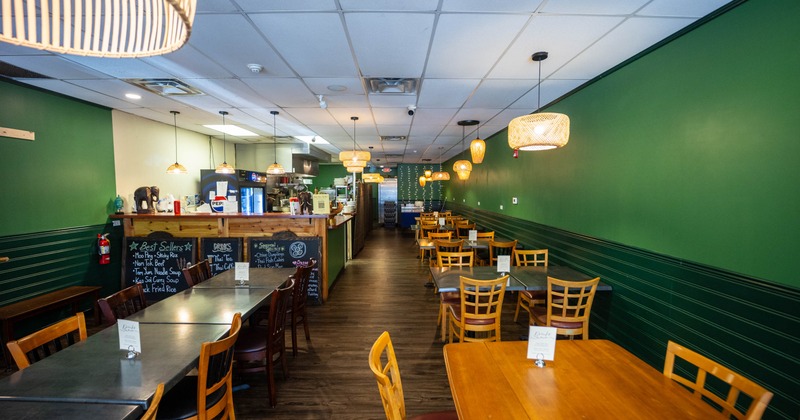 Interior, tables and chairs ready for guests