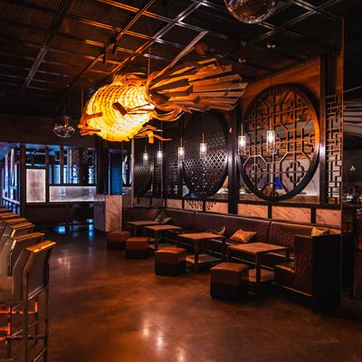 Restaurant interior, seating area.