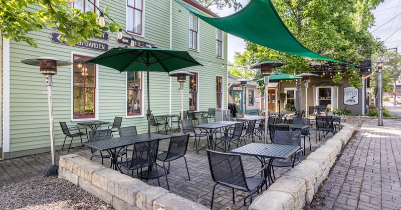 Exterior, tables, chairs and parasols