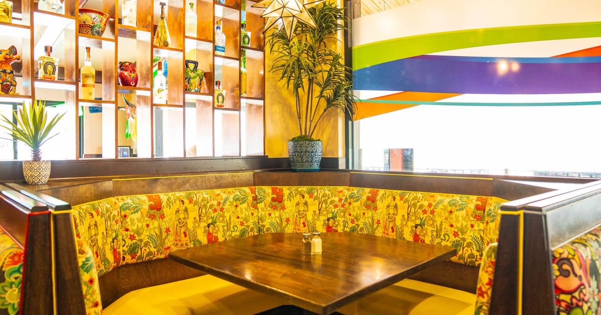 Interior, seating area, ''U'' shaped seating booth wooden top table, plant decoration