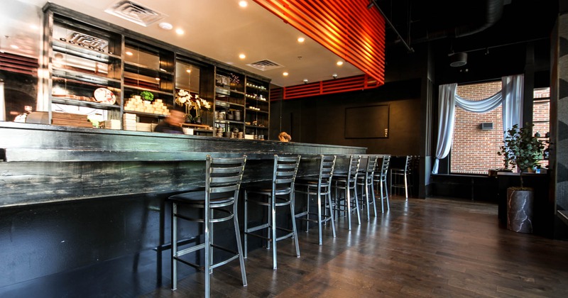 Interior, bar area with tall chairs