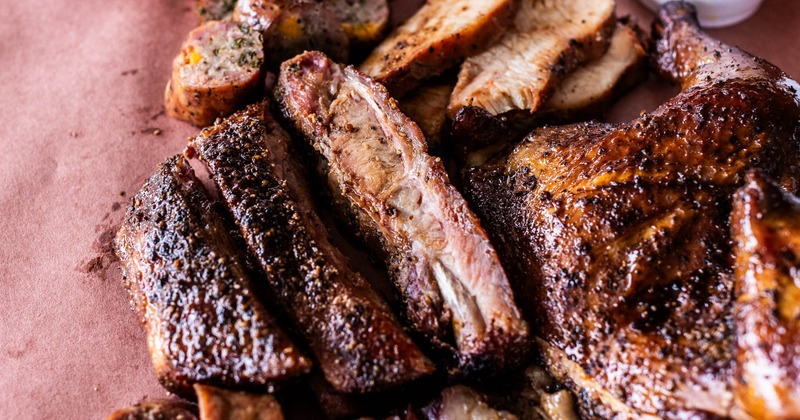 Close-up of a barbecue platter with grilled meats