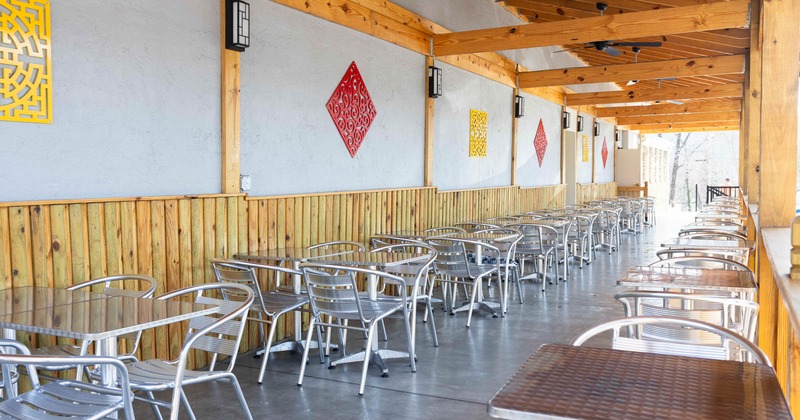 Exterior, covered terrace seating area