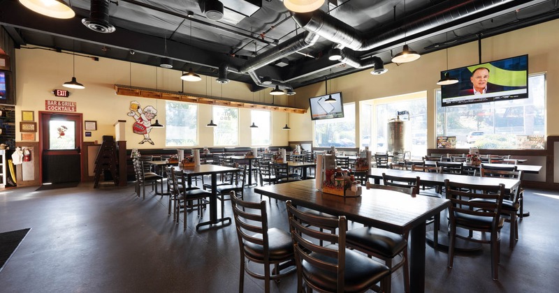 Interior, tables, chairs, windows, LED TVs, lights, doors