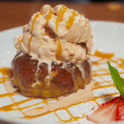 Butter Toffee Bundt Cake, topped with Maple Bourbon ice cream.