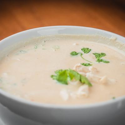 Chicken coconut soup bowl, close up