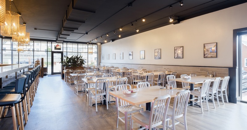 Interior, dining area, dining tables and bar