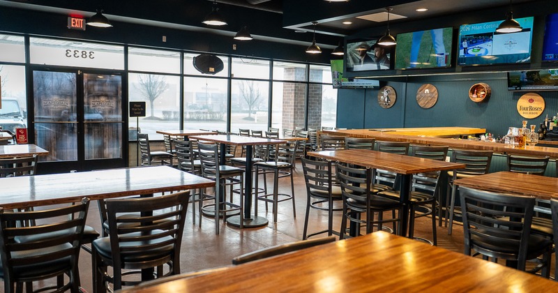 Spacious sports bar interior seating area